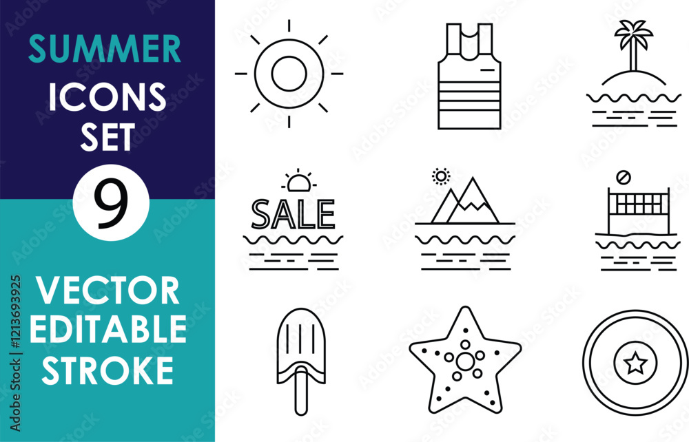 Fototapeta premium A collection of 9 minimalist summer-themed icons featuring a sun, tank top, palm tree, 