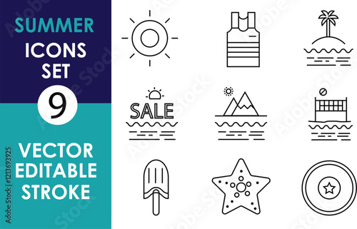 
A collection of 9 minimalist summer-themed icons featuring a sun, tank top, palm tree, "SALE" text, mountains, beach volleyball net, popsicle, starfish, and lifebuoy. Clean vector style