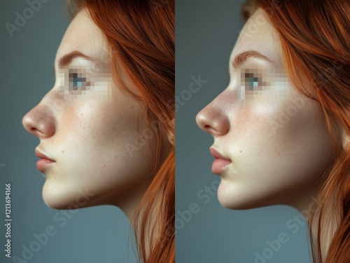 anonymized before and after nose filler to remove bump and subtle lip filler cosmetic procedure young woman in profile face splitscreen photo