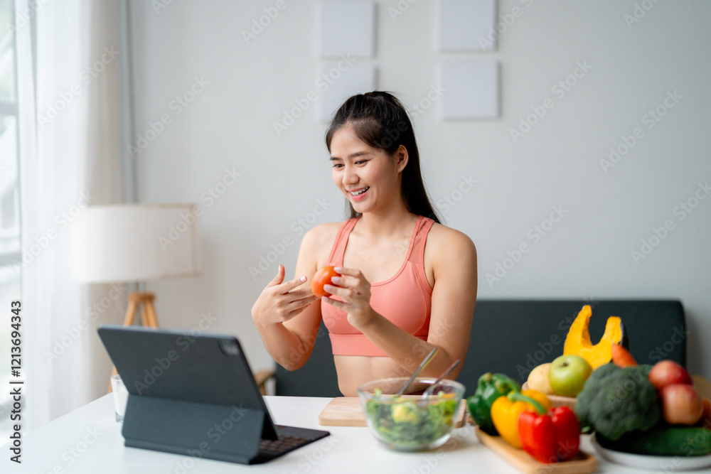 Smiling nutritionist showing tomato while giving online healthy eating consultation via tablet at home Smiling nutritionist showing tomato while giving online healthy eating consultation via tablet at home