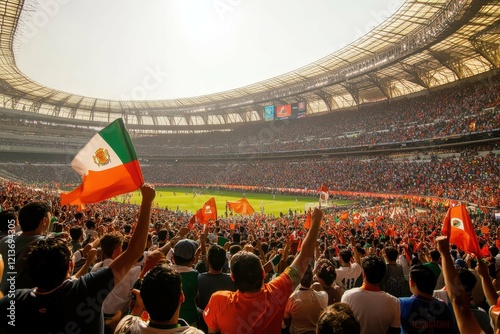 Crowd of passionate fans waving flags in a vibrant stadium during a thrilling soccer match in Mexico City on a sunny day