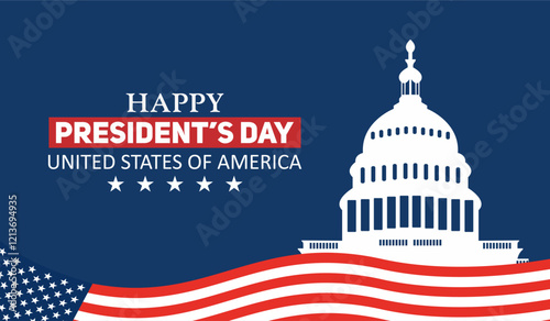 Happy President's Day background with United States flag and Capitol building silhouette. Vector Illustration.