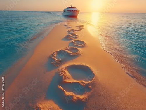 Footprints in sand lead to yacht at sunset.