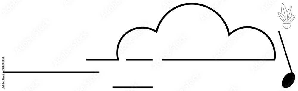 Cloud building from linear elements, matchstick striking against surface, small potted plant. Ideal for creativity, simplicity, light, nature, growth imagination innovation. Abstract line flat Cloud building from linear elements, matchstick striking against surface, small potted plant. Ideal for creativity, simplicity, light, nature, growth imagination innovation. Abstract line flat