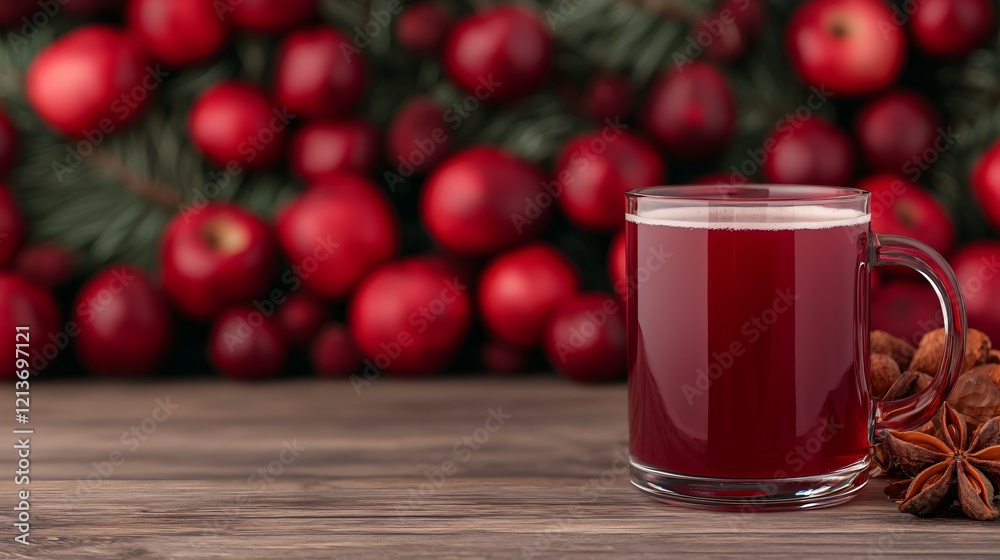 Festive apple cider mug, wooden table, red apples background. Holiday drink Festive apple cider mug, wooden table, red apples background. Holiday drink