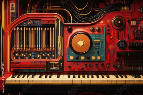 Colorful abstract music machine with intricate design features and vibrant elements in a creative setting photo