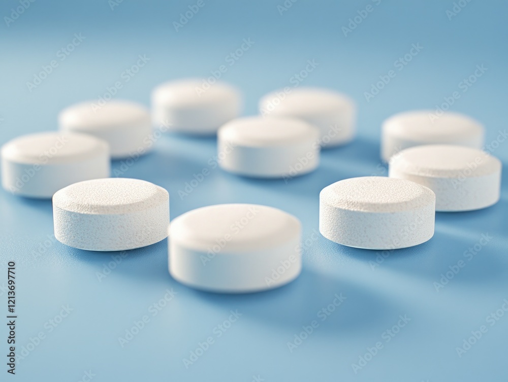 White pills on blue surface White pills on blue surface