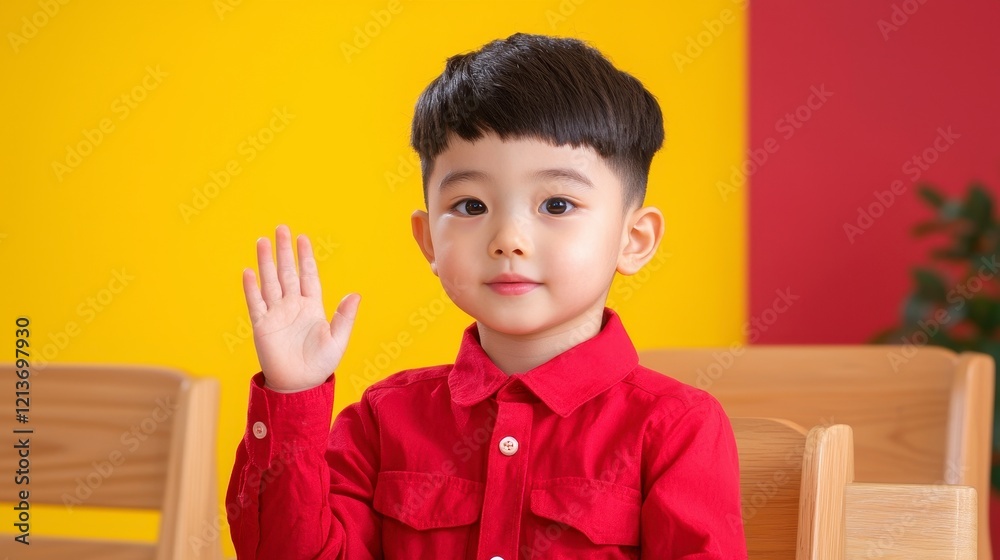 Portrait of a Cute Young Boy Raising His Hand, Sitting in a Wooden Chair Against a Vibrant Yellow and Red Background Portrait of a Cute Young Boy Raising His Hand, Sitting in a Wooden Chair Against a Vibrant Yellow and Red Background