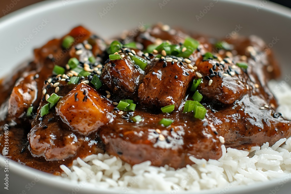 Pork steak with rice and vegetable on wooden table, closeup Pork steak with rice and vegetable on wooden table, closeup
