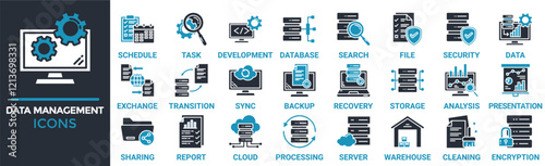 Data management icon set. Containing schedule, task, development, database, search, file, security, data and more. Solid vector icons collection