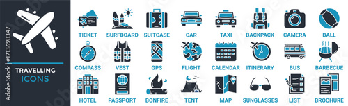 Travelling icon set. Containing ticket, surfboard, suitcase, car, taxi, backpack, camera and more. Solid vector icons collection