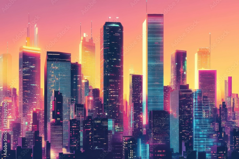Obraz premium Skyline view of a vibrant cityscape at twilight with colorful lights illuminating the buildings