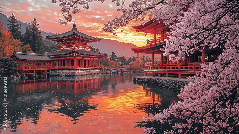 Fototapeta premium Sunrise Pagoda Reflection, Cherry Blossoms, Japan.