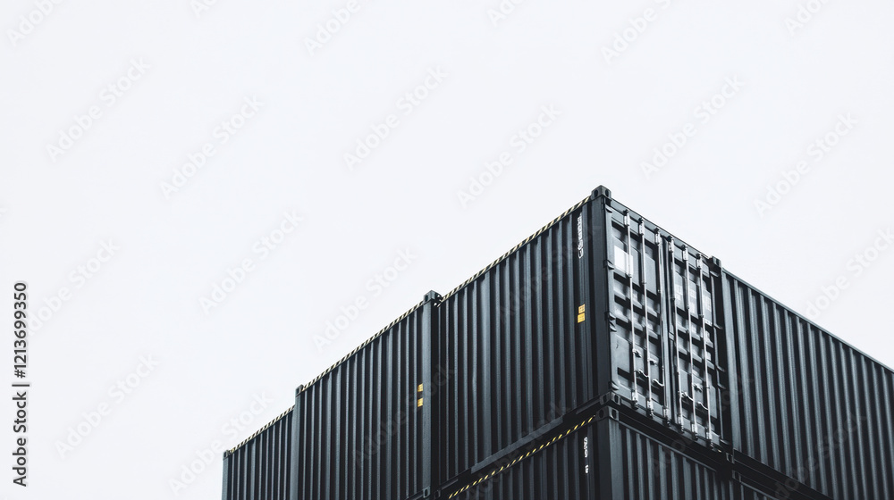 Stacked black shipping containers against gray sky, showcasing industrial storage and transportation. image conveys sense of organization and efficiency in logistics Stacked black shipping containers against gray sky, showcasing industrial storage and transportation. image conveys sense of organization and efficiency in logistics