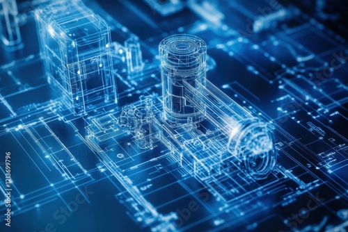 Detailed view of a digital blueprint showcasing a mechanical component design with vibrant blue lines and intricate details