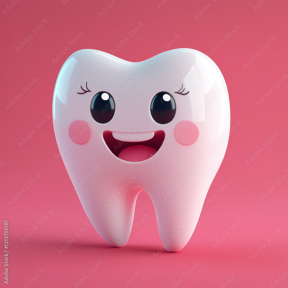 cheerful cartoon tooth character with big eyes and smile, set against pink background, perfect for dental health themes cheerful cartoon tooth character with big eyes and smile, set against pink background, perfect for dental health themes