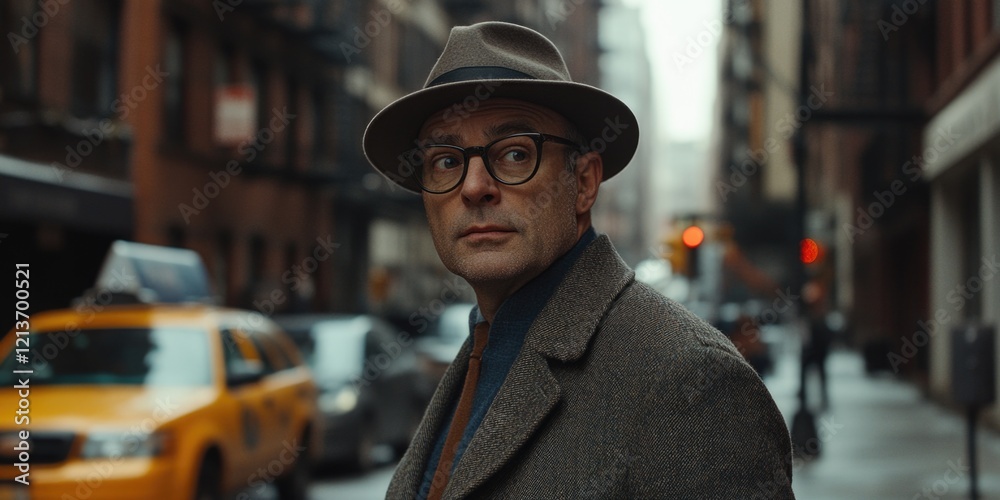 Man in Hat and Glasses on City Street Man in Hat and Glasses on City Street