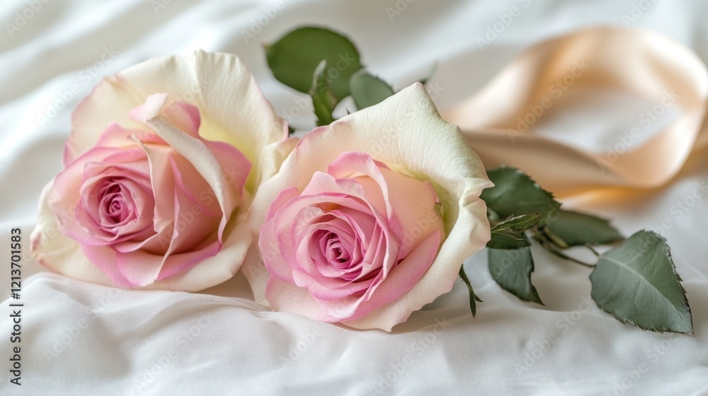 Two Delicate Pink Roses Resting on a White Silk Fabric with a Peach Ribbon Two Delicate Pink Roses Resting on a White Silk Fabric with a Peach Ribbon