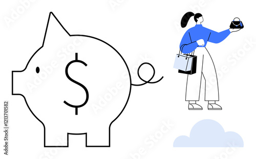 Woman holding shopping bags and inspecting a wallet beside a large piggy bank with a dollar sign. Ideal for financial management, budgeting, saving, personal finance, consumerism, shopping habits