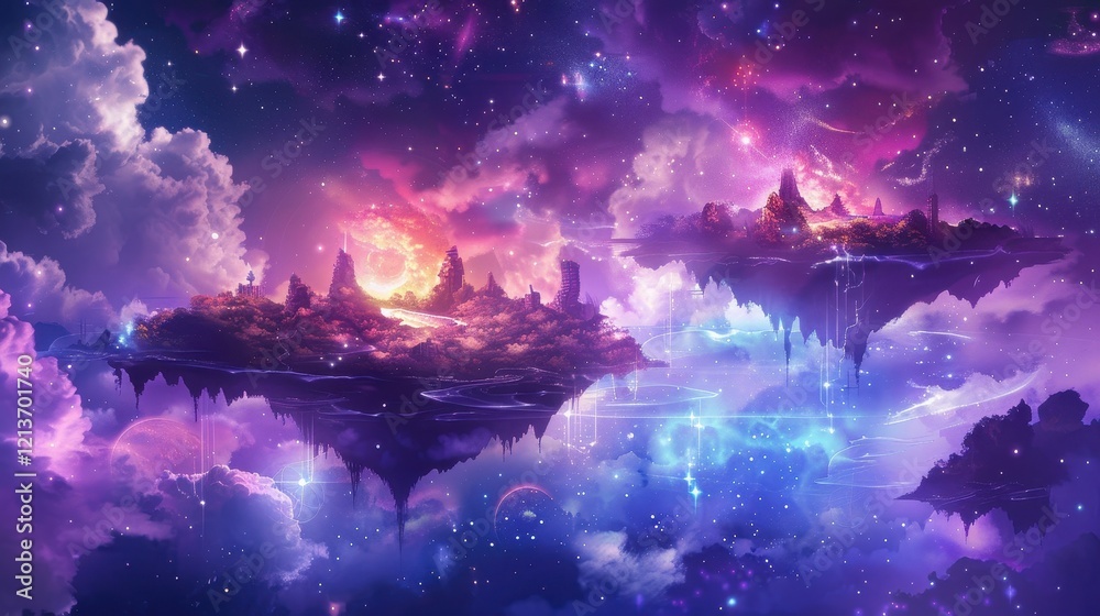 Obraz premium Celestial Abstract Illustration of Floating Lands in a Starry Sky