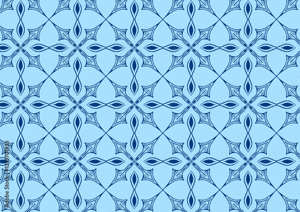 Fototapeta premium Seamless pattern featuring an elegant blue geometric tile design with intricate details, ideal for backgrounds, wallpapers, or decorative projects.