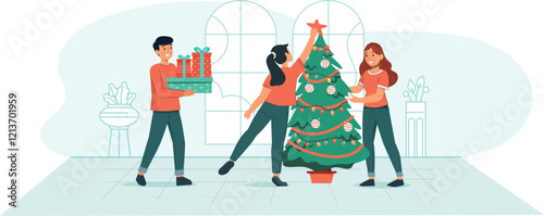 Christmas Tree Decoration Gift Giving Illustration Highlights the tradition of decorating a Christmas tree and giving gifts.