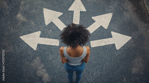 Woman facing multiple directional arrows on asphalt