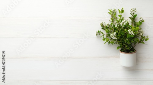 Spring flowers in pot on white wood, copy space