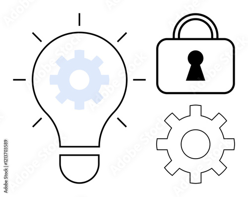 Light bulb with gear inside, padlock, and cogwheel. Ideal for innovation, security, brainstorming, technology, problem-solving protection project management. Line metaphor