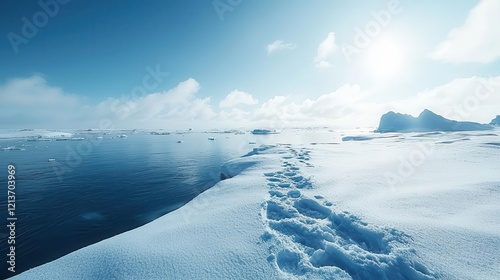 Serene winter landscape featuring footprints in the snow leading to calm waters under a bright blue sky., Copy space