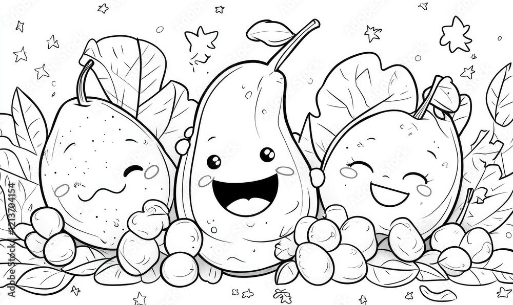 Cute Fruits Coloring Page: Happy Pears, Guavas