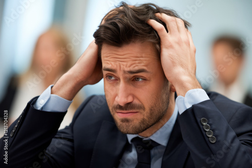 Individual looking exasperated with hands in hair during a meeting photo