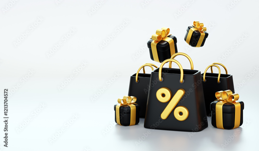 Fototapeta premium Shopping bags Illustration with 3d rendering isolated on black background. Online Shopping advertising. Flash sale, shopping discount theme. e-commerce concept. premium sale banner. 3d Illustration