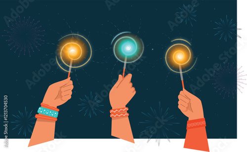 Diwali Celebration with Sparkler Lights Illustration Features sparklers and festive lighting during Diwali celebrations.