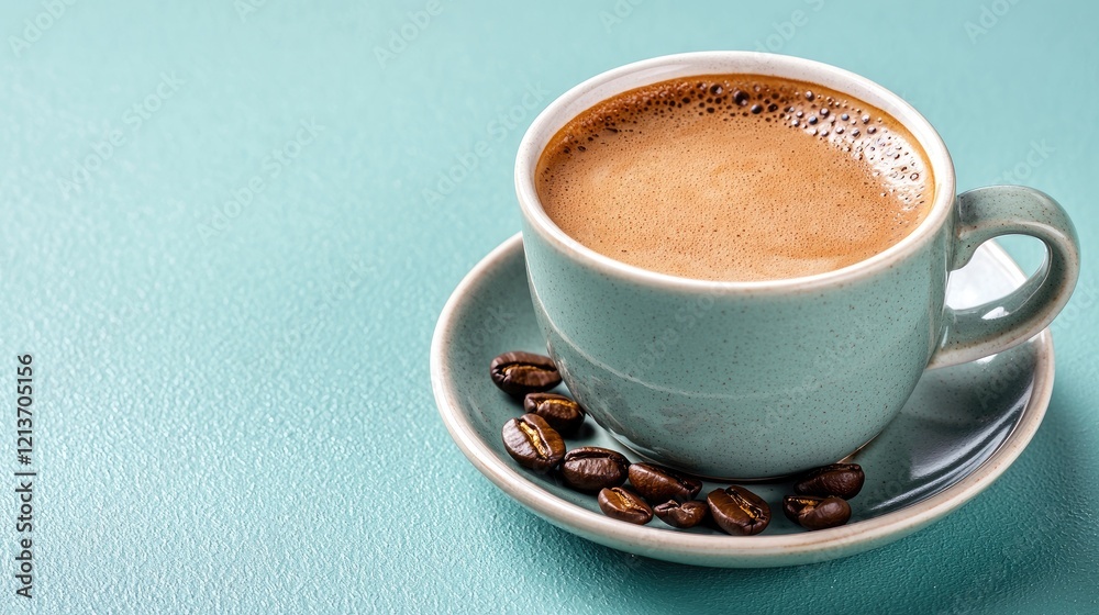 Fototapeta premium Aromatic Coffee in Teal Cup on Mint Background