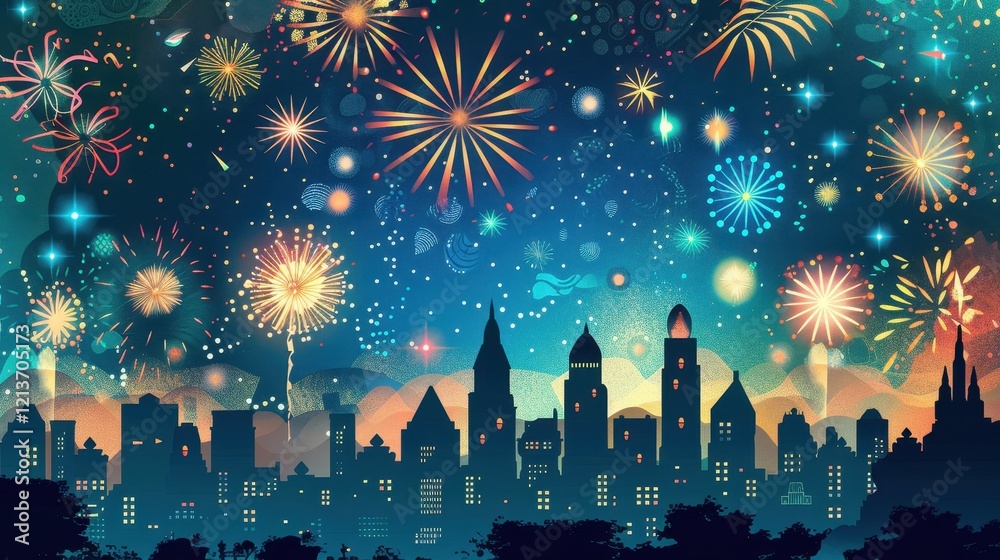 Fototapeta premium Dazzling Abstract Cityscape Fireworks Illustration at Night Sky