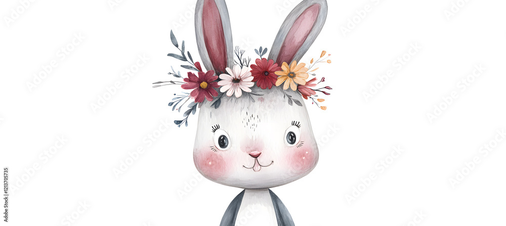 Fototapeta premium easter card, easter bunny with eggs, easter eggs and flowers, easter eggs in a basket, easter eggs and flowers on a white background, easter wall paper and background for social media 