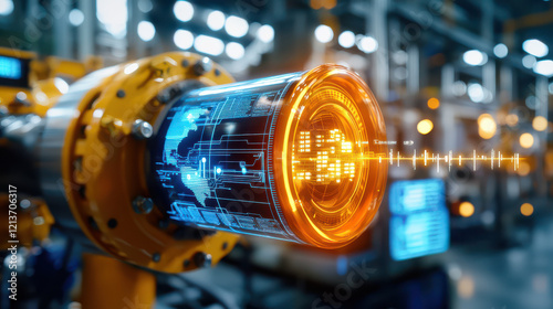 High tech industrial equipment with digital interface and glowing elements, showcasing advanced technology in modern facility