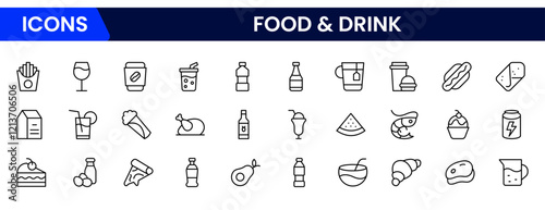 Food and drink web icons in line style. Meal, restaurant, dishes, fruits, fastfood, burger, pizza, coffee, sandwich, collection. Vector illustration.