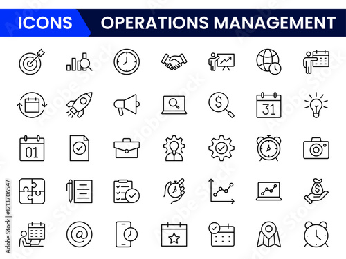 Operations management icon set. Containing production, logistics, supply chain, manufacturing, planning, inventory management, strategy, customer satisfaction and cost icons