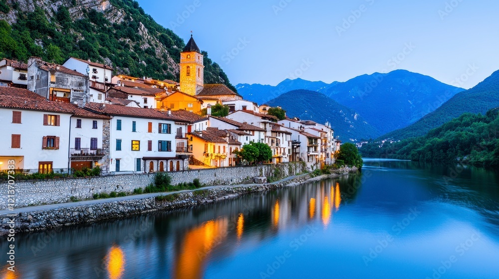 Fototapeta premium Picturesque Village at Twilight with Serene River and Majestic Mountain Reflections