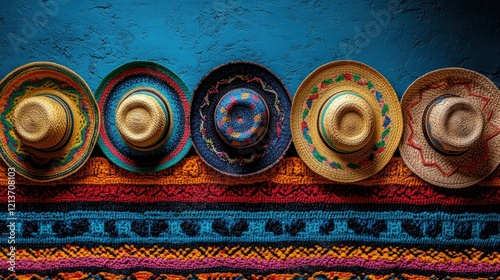 Colorful sombreros arranged on a vibrant textile backdrop, showcasing traditional craftsmanship and culture photo