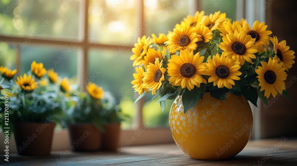 Sunflowers in vase, windowsill, garden view, summer (1) Sunflowers in vase, windowsill, garden view, summer (1)