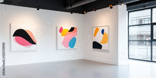 Abstract art gallery exhibition with bold vibrant brush strokes for modern interior design