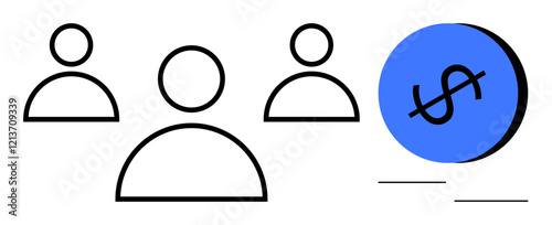 Three black outlined human figures beside a blue dollar sign with a slash. Ideal for collaboration, cost reduction, teamwork, financial planning, budget management, economic strategy, resource