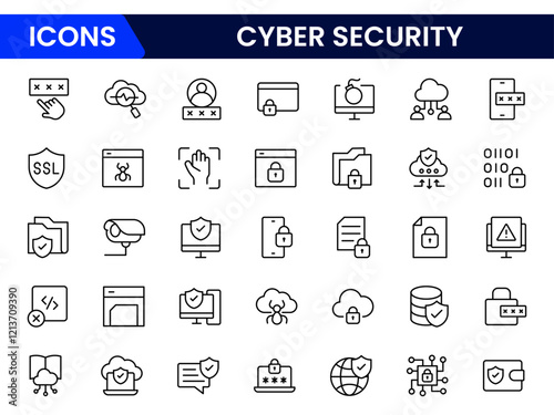 Cyber security icon set with information, technology, data network, malware, virus, unauthorized access and protected.
