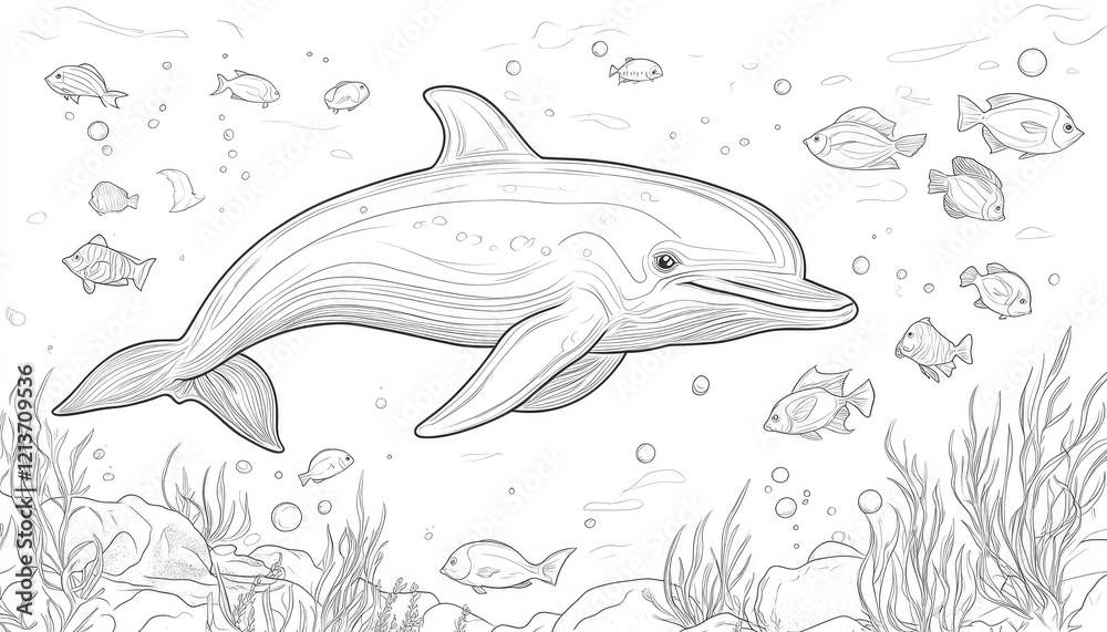Obraz premium Dolphin swims among ocean fish