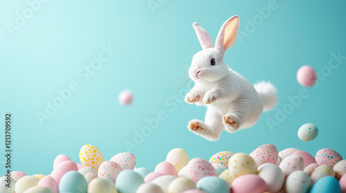 cute bunny jumping over colorful Easter eggs, creating joyful scene. soft pastel colors and playful atmosphere evoke sense of fun and celebration