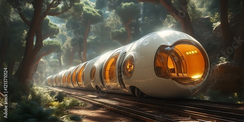 Futuristic train in forest.