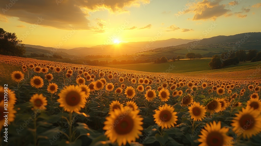 Fototapeta premium Sunflowers Sunset Tuscan Hillside Landscape